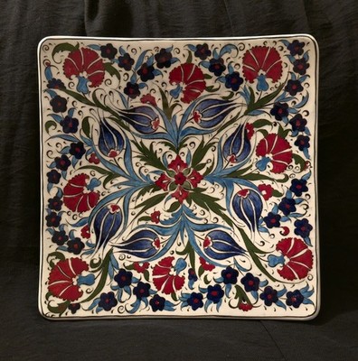 Turkish Iznik Design Double Carnation & Tulip Handcrafted Plate 8 In Signed 