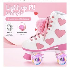 Women's and Girl's Classic Roller Skates with Light up Wheels and Love Heart ...