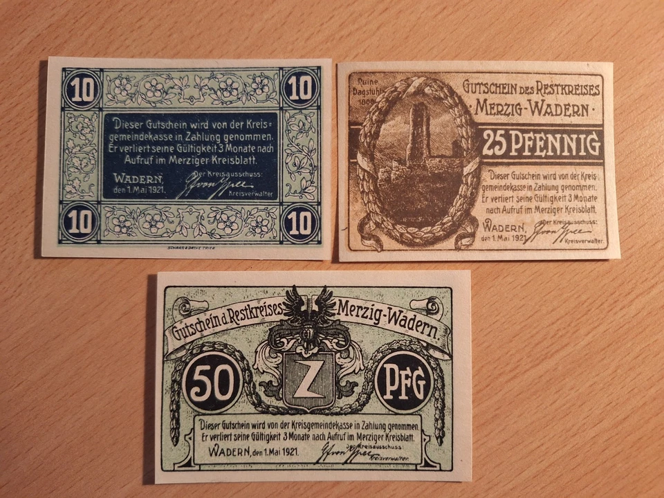 Notgeld Merzig Wadern 1921 Set 10, 25 und 50 Pfennig gut erhalten (P3) - Bild 1 von 2