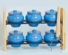 Set of 6 Stoneware Clay Pots Blue Baking Ramekin Set [+Wooden Shelf & Oven Fork]