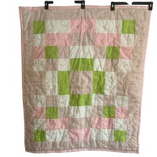 Baby Quilt Handmade Girl's Patchwork Blanket Pink White Green 45x38 Crib Bedding