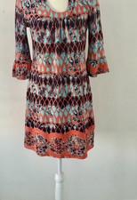 Aryeh Medium Tunic Dress Geometric Ikat Border Print 3/4 Bell Sleeve Blue Coral