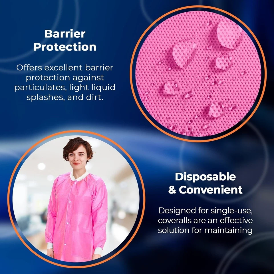 Disposable Lab Coat 46 in Long, 2XL, 50 Pack Pink SMS Medical Coats, 3 Pockets - Image 4 of 4