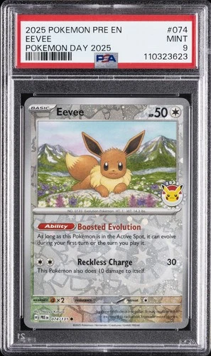 2025 POKEMON PRE EN-PRISMATIC EVOLUTIONS POKEMON DAY 2025 #074 EEVEE PSA 9