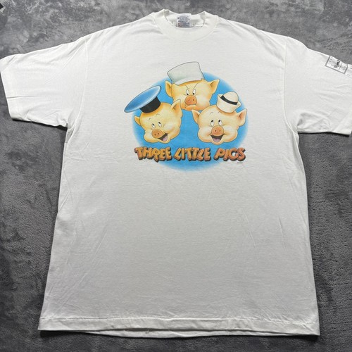 Vintage 1994 Hanes T-Shirt Mens XL White Three Little Pigs Cartoon Single Stitch