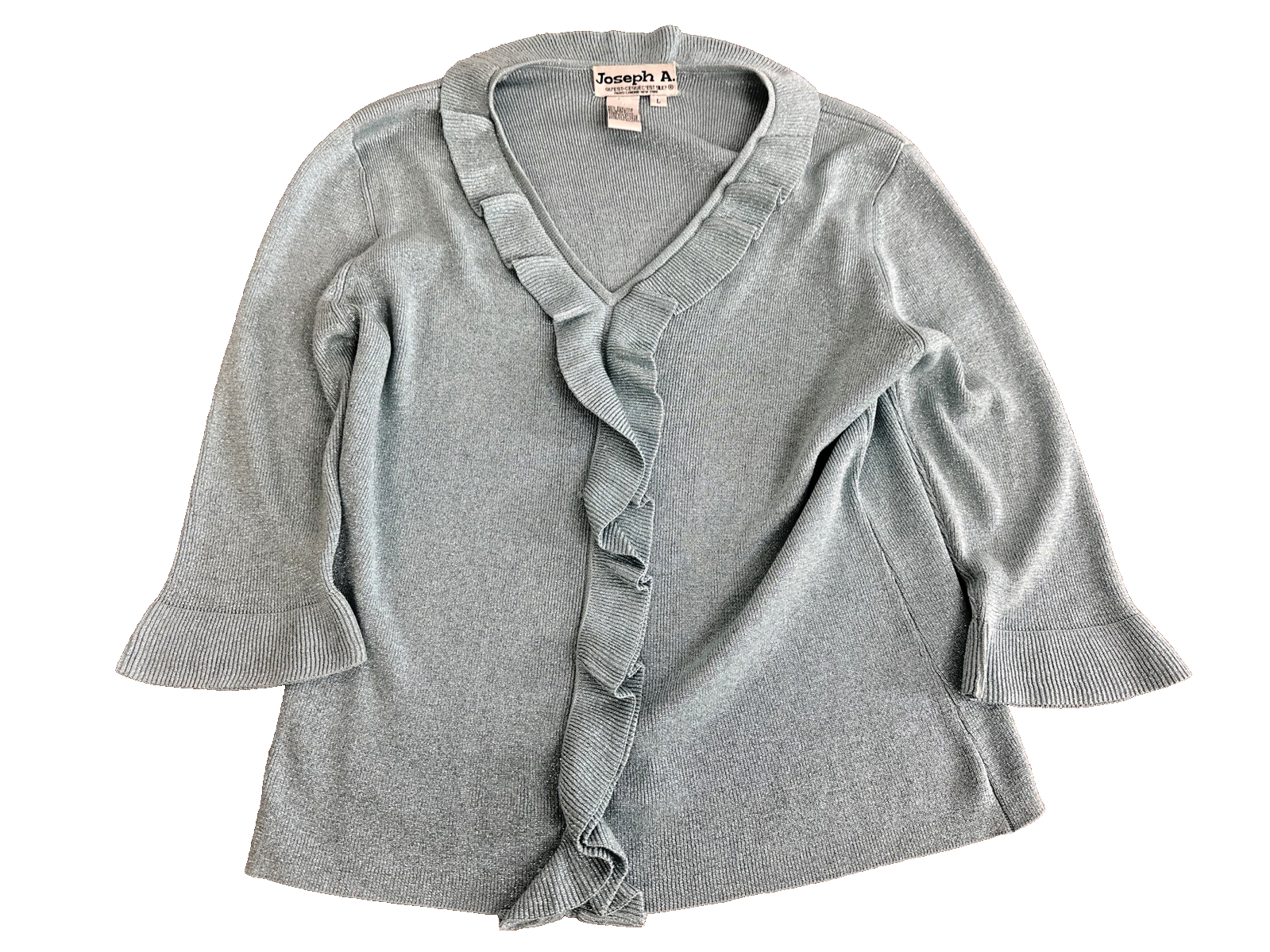 Joseph A Women's L Silk Blend Metallic Ruffle V-Neck Blouse Knit Top. Light Blue