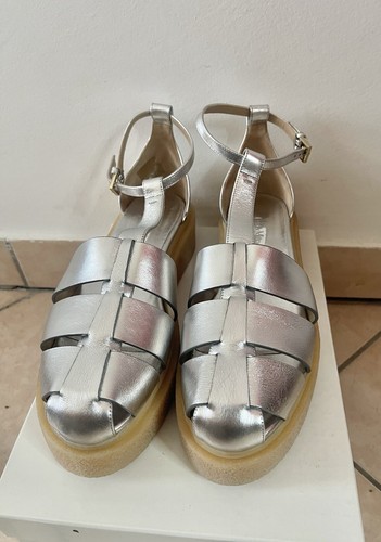 🌟Sandali MAX MARA 🔥In Pelle Fibbia Leather Sandals EU41_US10 Silver Gumc - Foto 14 di 15