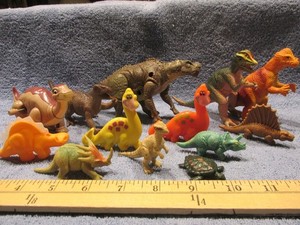 Lot of 12 Plastic Dinosaurs + 1 Sea Turtle, Some are Vintage