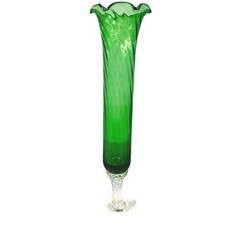 Vtg Green Swirl Glass Bud Vase Hand blown Flared Ruffled Clear Twisted Stem