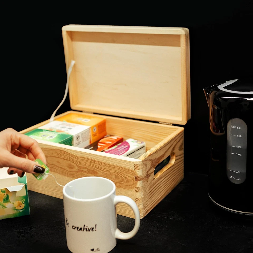 Grande Scatola in Legno | 30 X 20 X 14 Cm | Coperchio E Maniglie | Cassetta Cont - Immagine 3 di 4