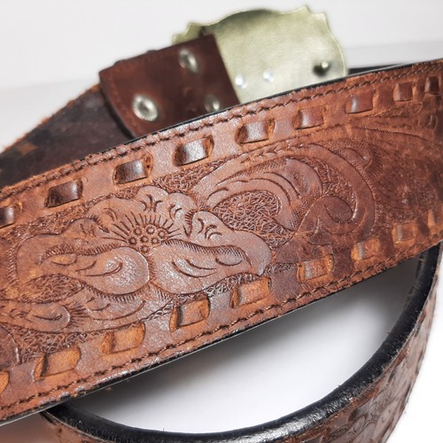 Nocona Western Belt Leather Tooled Floral Brown Size 38 Long Horn Bull Buckle - Picture 6 of 8