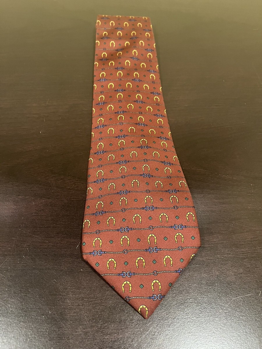 Fendi FF Cravatte 100% Silk Burgundy Gold Horseshoes Horsebits