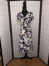 LEITH Floral Wrap Dress Sz Medium Navy Blue Pink Rose White Nordstrom Work G2