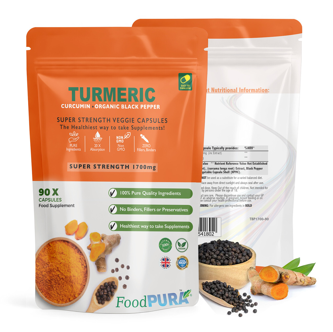 90 x CLEAN 1700mg TURMERIC (Curcumin) & Black Pepper HIGH STRENGTH Capsules