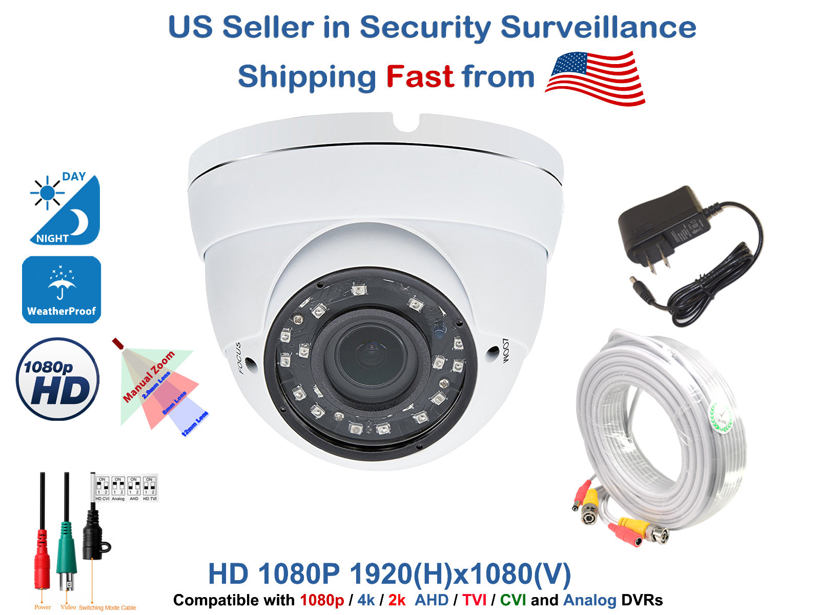 Evertech 1080p Security Camera HD TVI AHD Night All Weather CCTV Cable and Power