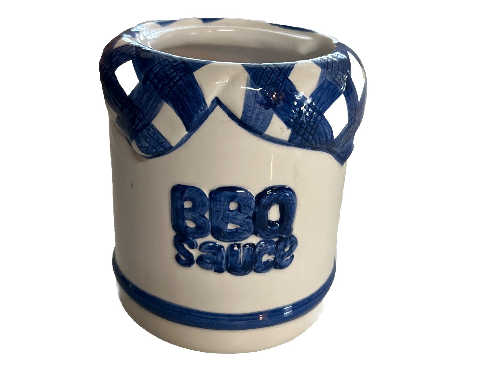 Vintage 1997 Ceramic BBQ Jar Lotus Design Grill Sauce Holder 4x4.75 Dad Gift