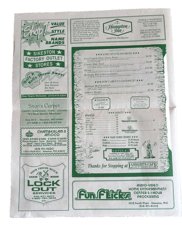 Menu Lamberts Cafe Restaurant Sikeston Missouri MO Throwed Rolls