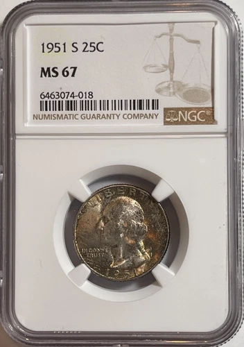1951-S Washington 25C (#14987) NGC MS MS67 Awesome toning both sides.