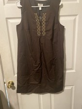 Ann Taylor Loft Brown Beaded Boho Sheath V- Neck  Dress - Sz 14