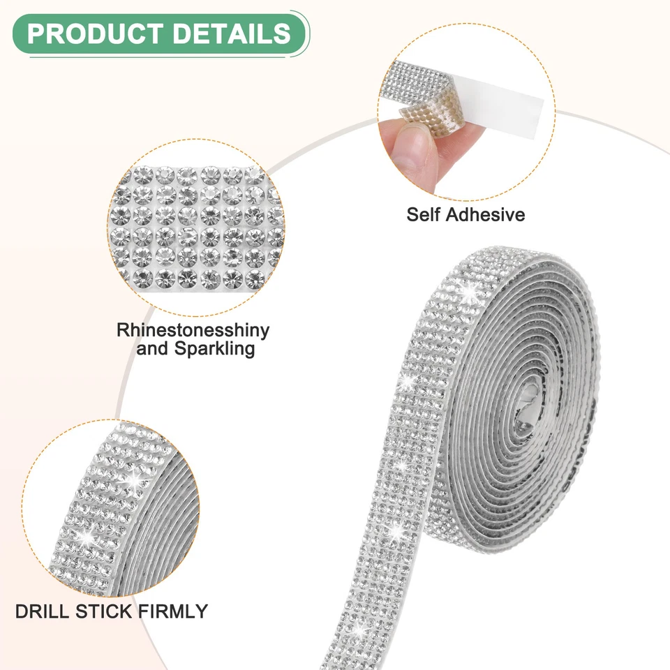 2-Roll Crystal Rhinestone Ribbon,0.5/1.1 Inch x 2 Yards for DIY [White] - Изображение 2 из 4
