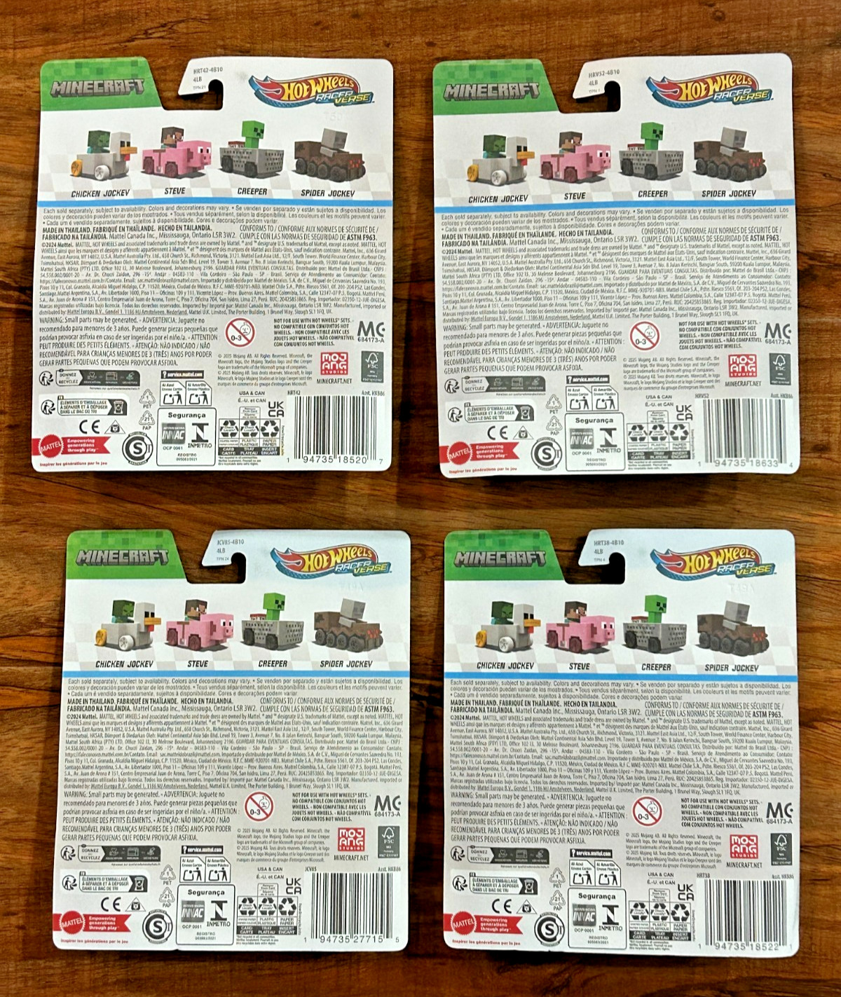 Hot Wheels Racer Verse Minecraft Chicken Jockey Creeper Steve & Spider- Set of 4