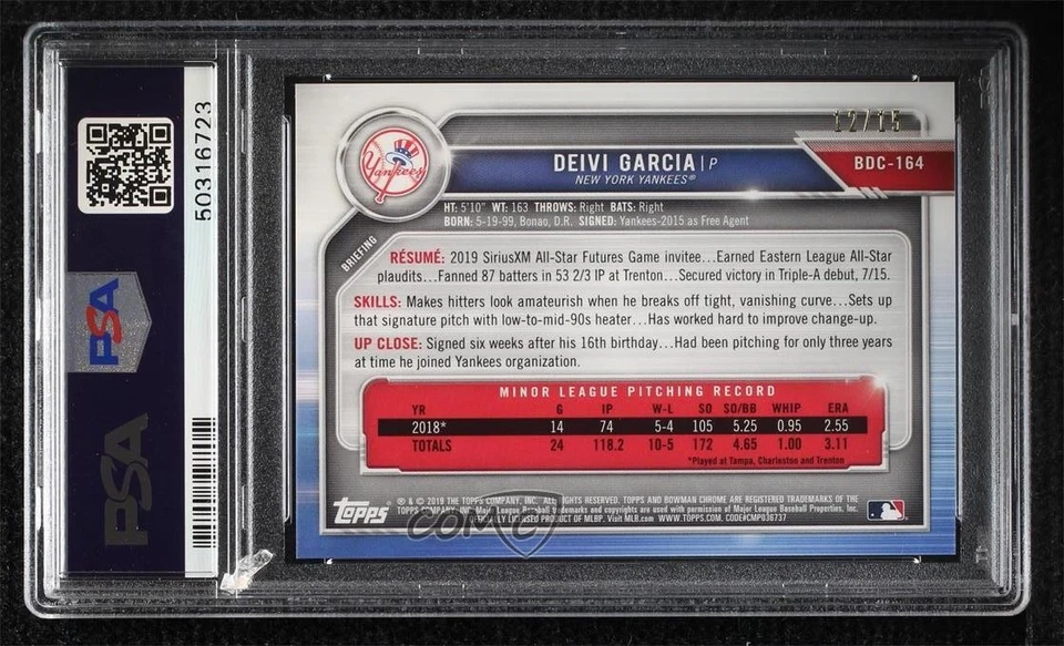 2019 Bowman Chrome Draft Sapphire Edition Gold /15 Deivi Garcia PSA 9 MINT - Image 2 of 2