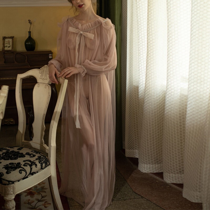 Sexy Lingerie Women Long Lace Kimono Robe Dress Sheer Gown See-Through Sleepwear