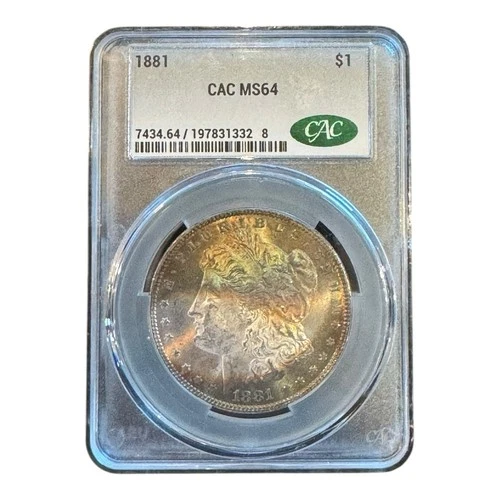 1881 Morgan Silver Dollar CAC MS64 Rainbow Toned Gold Blue Eye Appeal