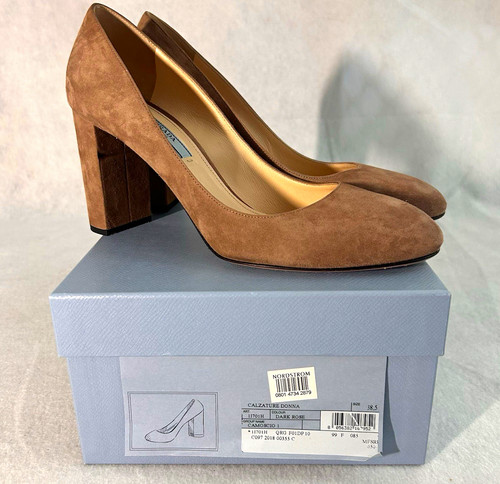 Authentic PRADA Calzature Donna "Dark Rose" Suede Block Heel Pumps - Size 38.5