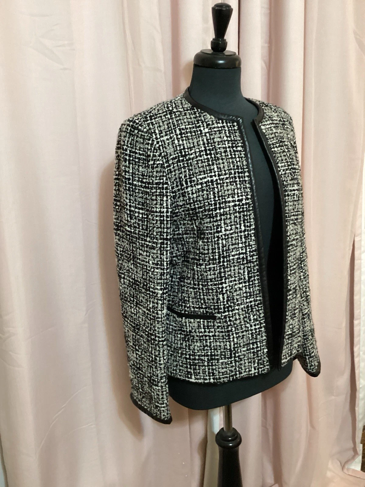 CHANEL Giacca blazer Talbots donna 8 maglia testurizzata nero bianco bordo pelle quadri
