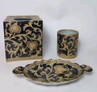 Vintage Ceramic Tissue Box Cover Tumblr & Soap Dish Black & Gold Amita Bathroom 