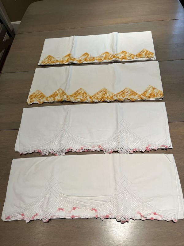 Vtg two different sets  white queen size w/ crocheted trim pillow cases, EUC