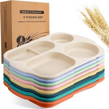 8 Pcs Large 12 Inch Unbreakable Divided Plates for Kids Adults - Wheat Straw