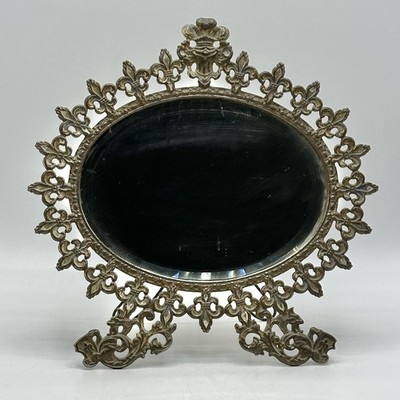 Antique Beveled  Vanity Mirror In Cast Iron Fleur-De-Lis Frame w/Griffin Legs/cb