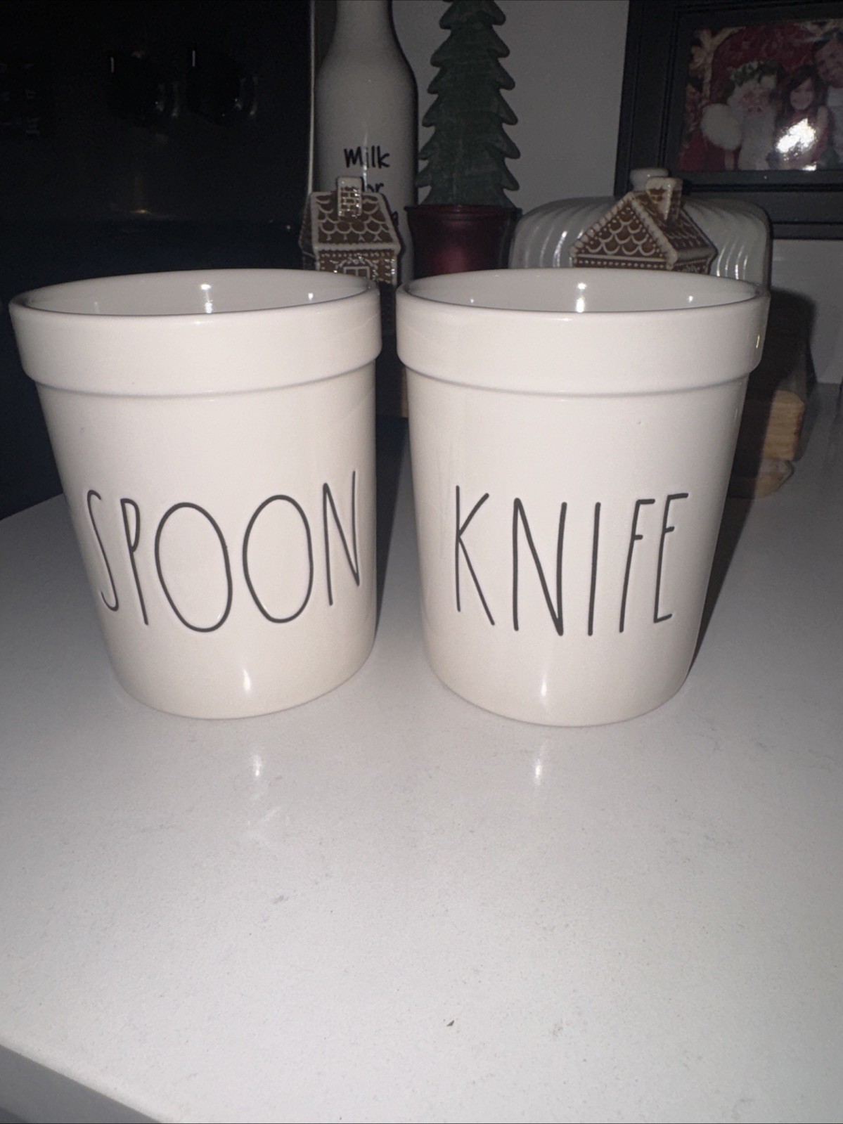 Rae Dunn SPOON and KNIFE Kitchen Utensil Crocks Matching Ceramic Set