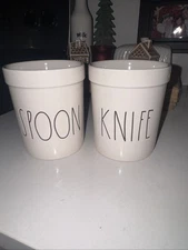 Rae Dunn SPOON and KNIFE Kitchen Utensil Crocks Matching Ceramic Set