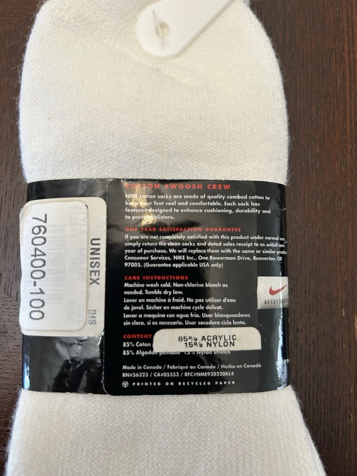 Vintage Nike Crew Socks 90’s White/Grey Size 4 - 10 1/2 Pair New Old Stock Rare - Image 3 of 4