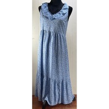 Old Navy Womens Dress S Blue Floral Ruffle Neck Sleeveless Maxi Casual