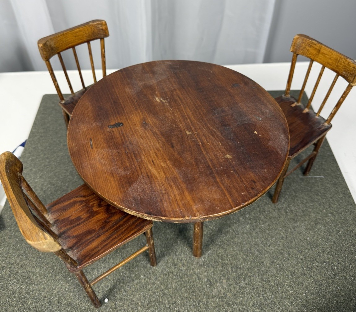 ANTIQUE Dollhouse MINIATURE Wooden Table Chairs  Furniture Set