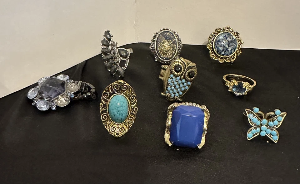 Lote de 9 anillos de cóctel vintage ajustables/elásticos azules de moda Foto 2 de 4