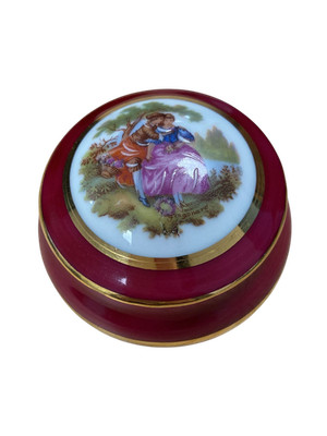 Limoges Le Mont St. Michel Porcelain Trinket Box Burgundy White Gold Trim
