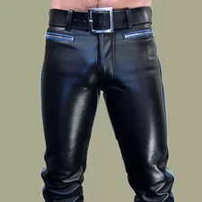 Men's Real Natural Cowhide Leather Bikers Pants Contrast Panels & Stripes Pants