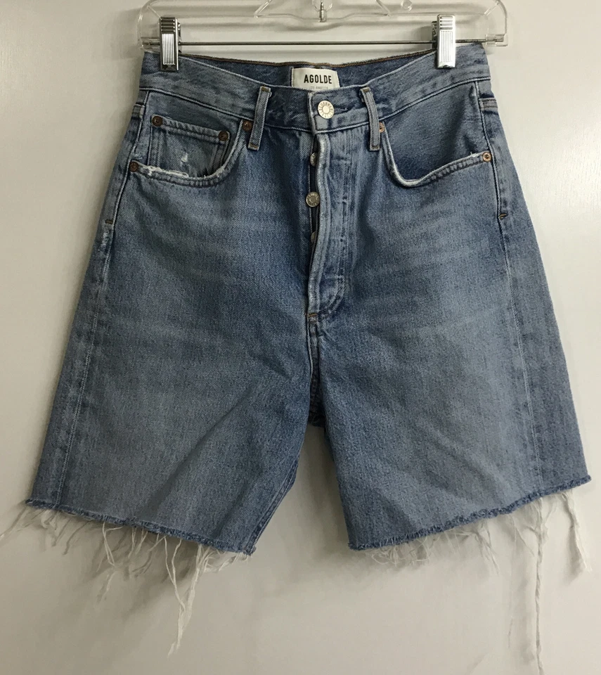 Agolde Pantalones Cortos Años 90 Medianos Azul Bermudas Algodón Botón Mosca Cuerdas Talla 25