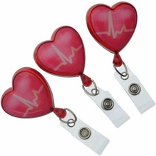 3 Pack - Heart Shaped Retractable ID Badge Reels with EKG Image  Alligator Clip