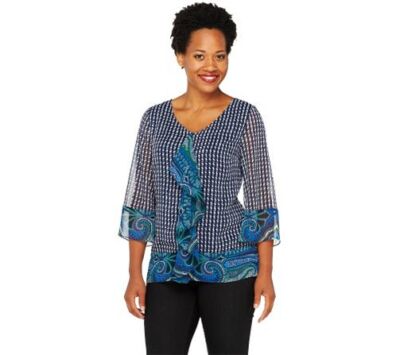 Isaac Mizrahi Live! Mixed Print 3/4 Sleeve Top Blouse TEAL Blue XS A257240 NEW