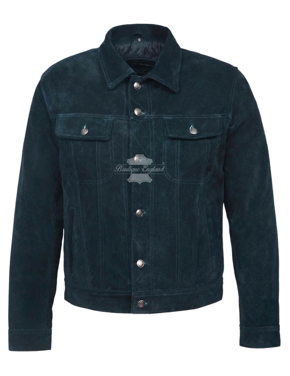 Mens Trucker Jacket Navy SUEDE Classic Top Real Soft Western