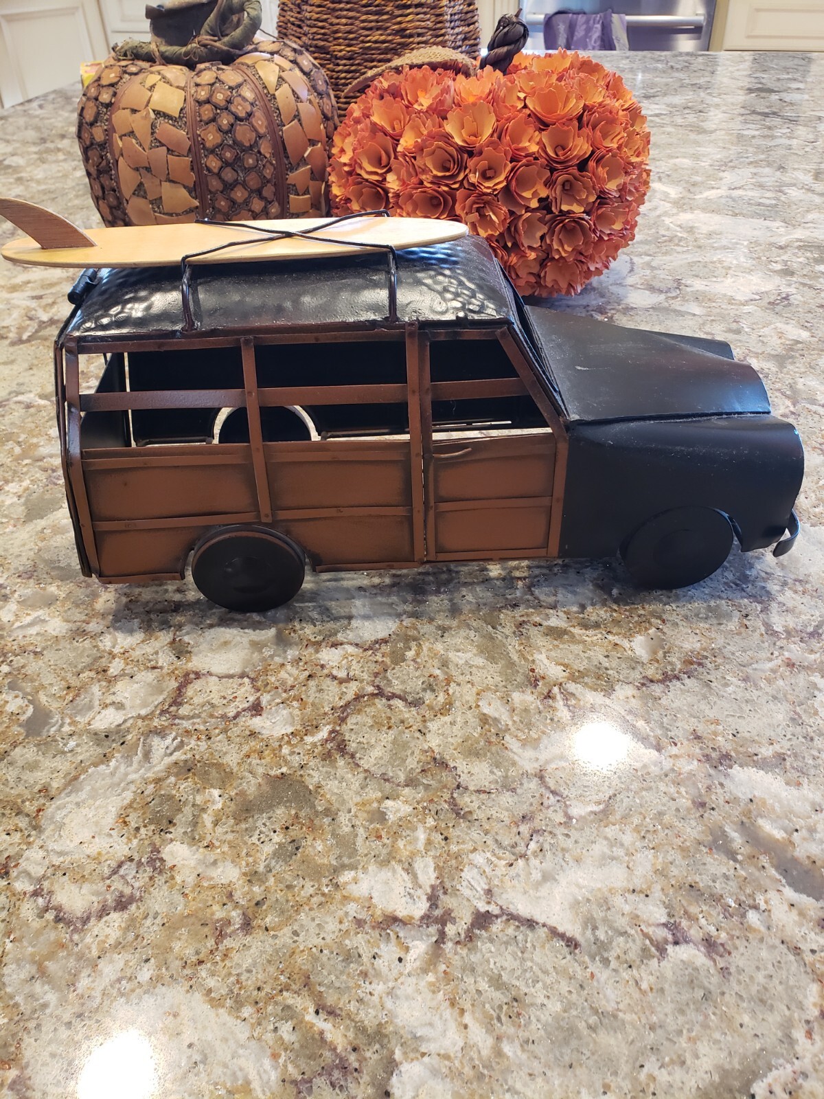 Woody Wagon Tin Car/Truck Wine Cork Holder/Cage with Wooden Surfboard Beach 14X8