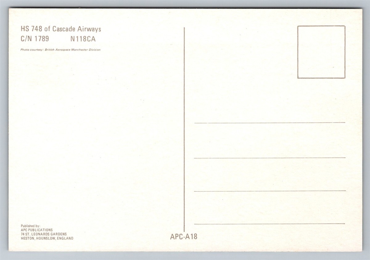 Airplane Postcard Cascade Airways Airlines HS-748 HU11 | eBay