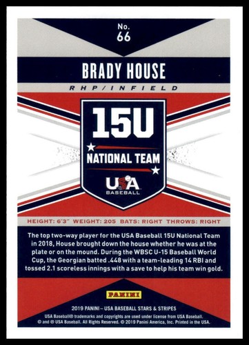 2019 Panini Stars & Stripes USA Baseball #66 Brady House - Picture 2 of 2