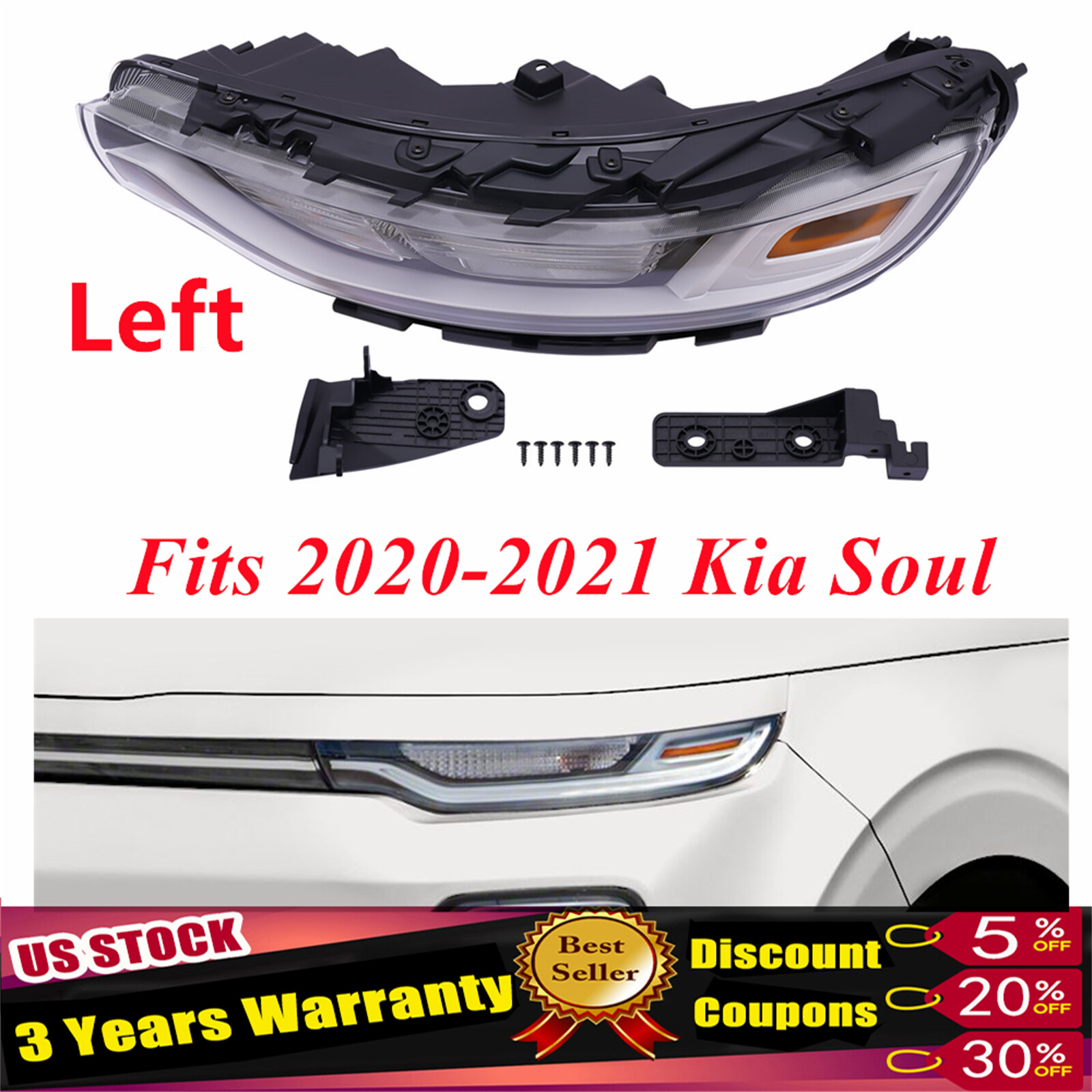 Fits 2020-2021 Kia Soul Halogen Headlight Assembly Driver Left Side - LH OEM #